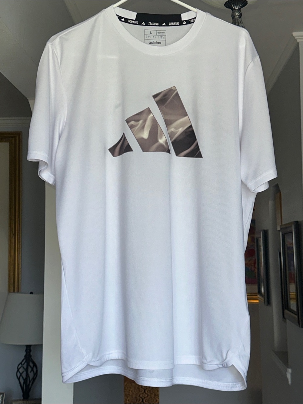 adidas White Short-Sleeve Tee with Grey Logo Sz L